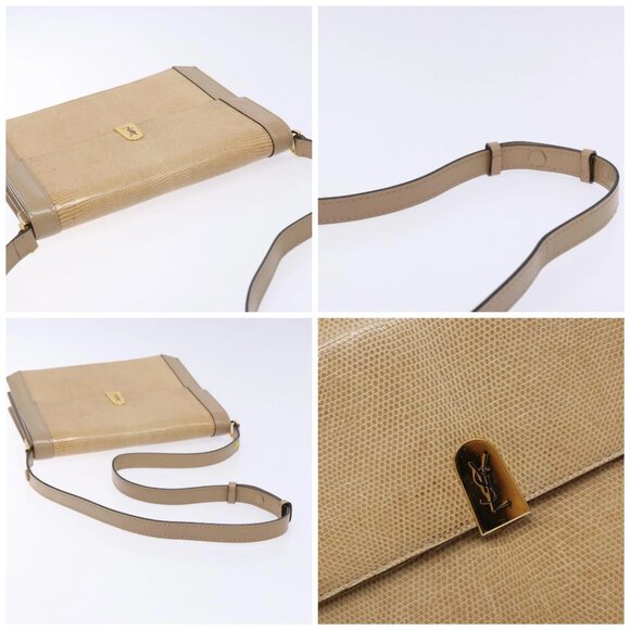 SAINT LAURENT Embossing Shoulder Bag Leather Beige Gold Auth 137993 - Picture 16 of 16